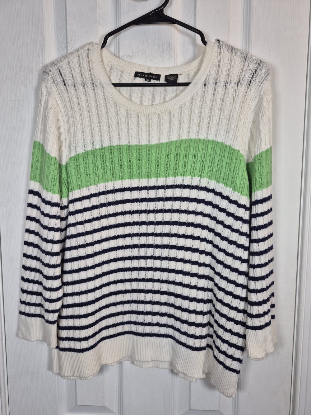 Jeanne Pierre Cable Knit Striped Sweater XL Coastal Grandmother Preppy Green Nav